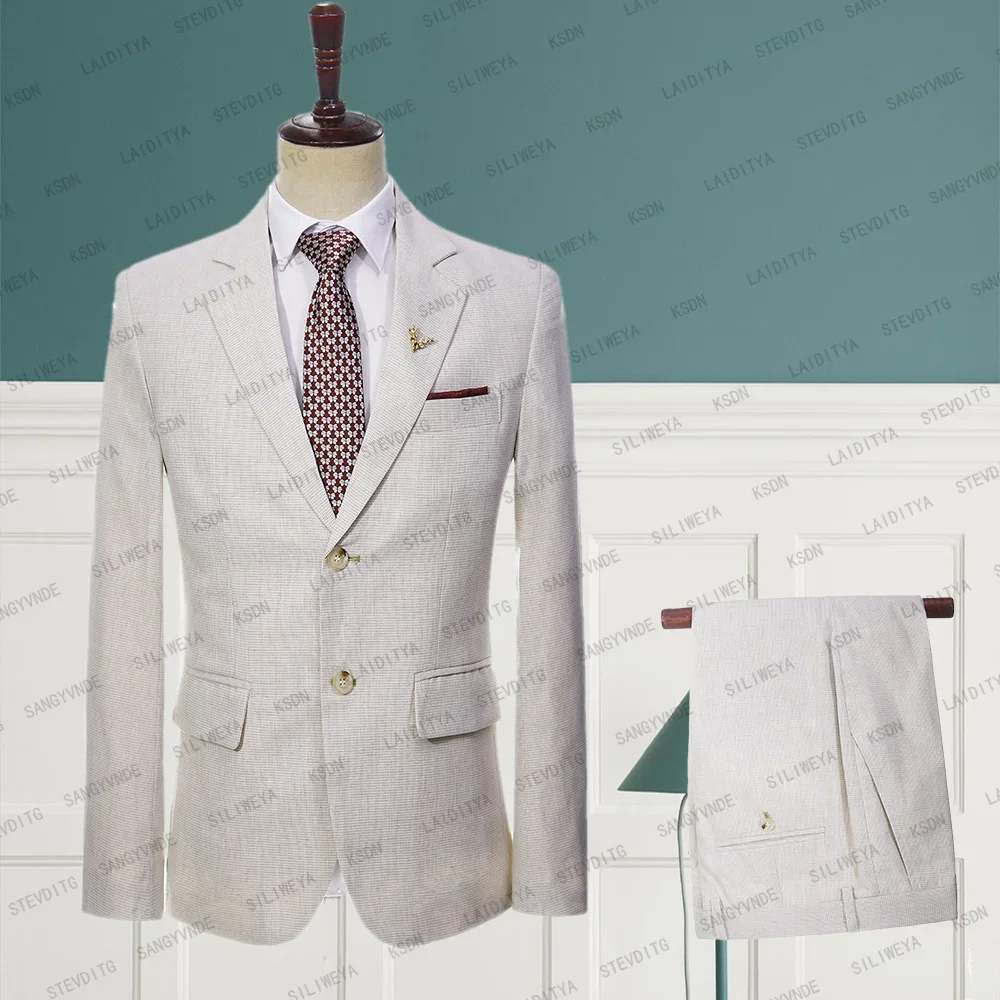 

Fashion High End Men's Summer Business Official Khaki Purity Linen Suit Slim Groom Wedding Dress Two-Piece Jacket Pants