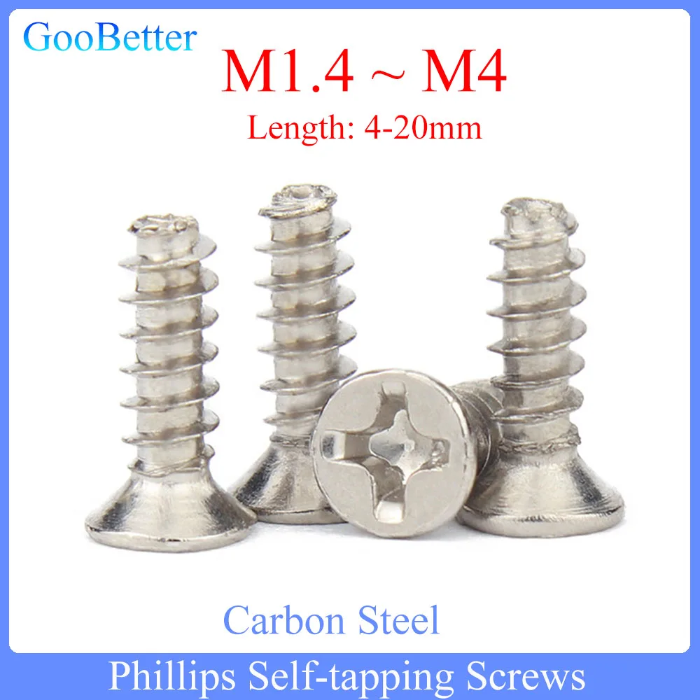 

100Pcs Phillips Self-tapping Screws M1.4 M1.7 M2 M2.3 M2.6 M3 M3.5 M4 Carbon Steel Cross Recessed Flat Countersunk Head Bolts