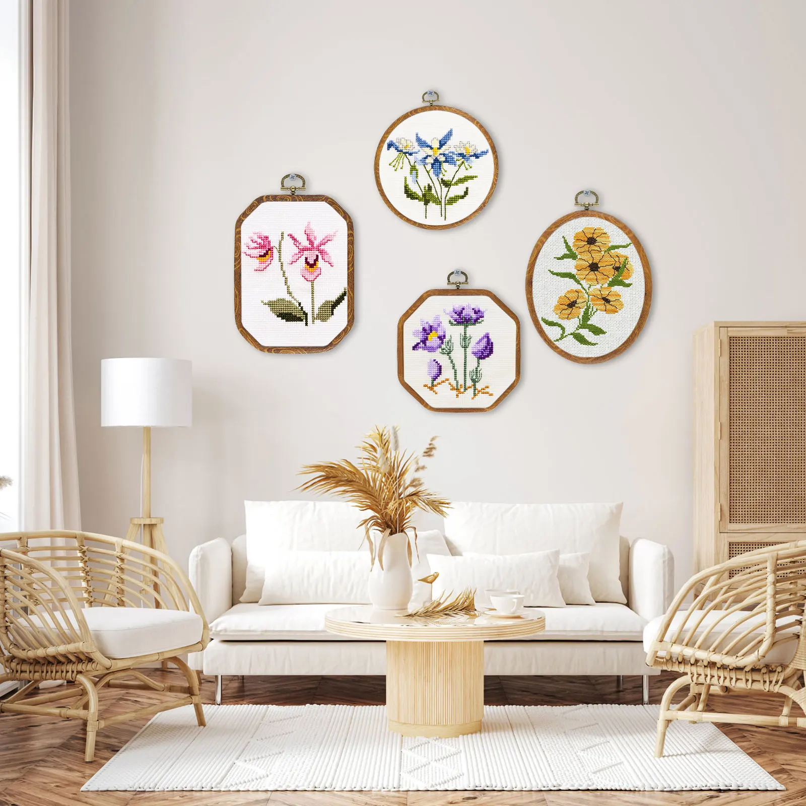 New 9Pcs Large Embroidery Hoop Frame Imitated Wood Embroidery Display Frame Round Oval Octagonal Cross Stitch Hoop Rings Hanging