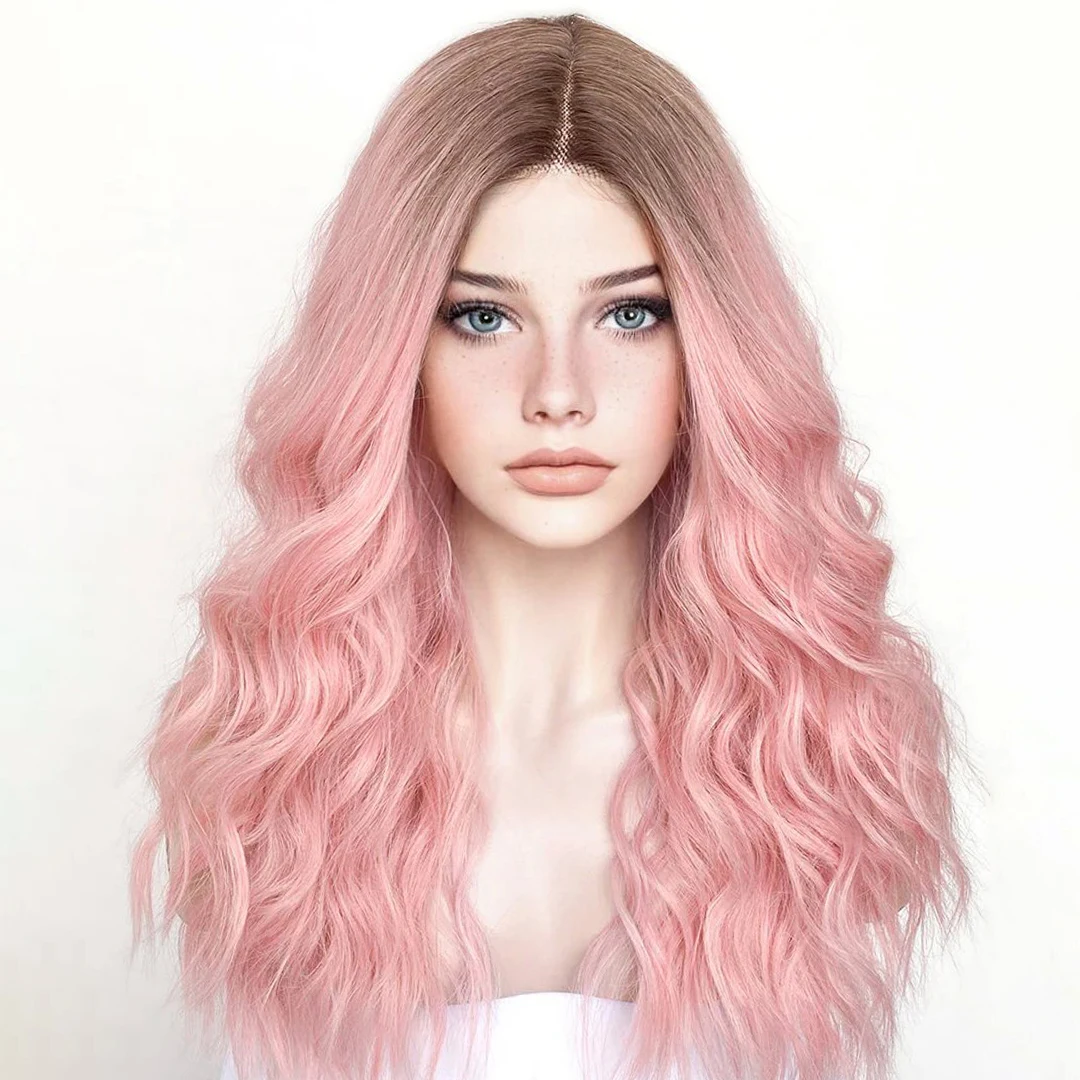Ombre Brown Roots Pink Blonde Synthetic Hair Wigs Glueless 13x4 Transparent Lace Front Wigs for Women Easy Wear