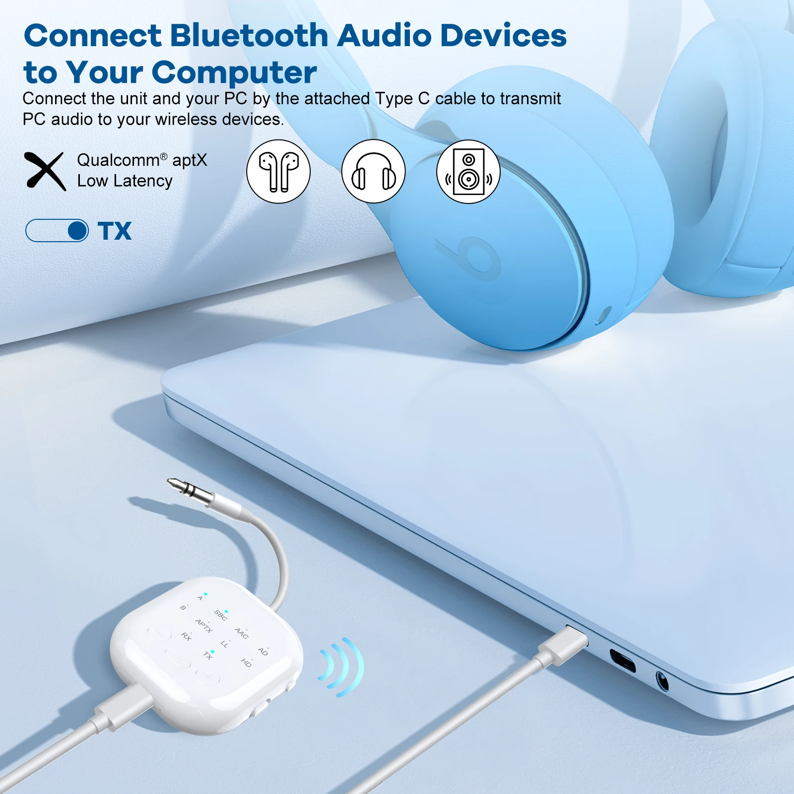 APTX-어댑티브 블루투스 5.3 송수신기 비행기/자동차/TV용 3.5mm Aux 호환 동시 연결 2대 지원