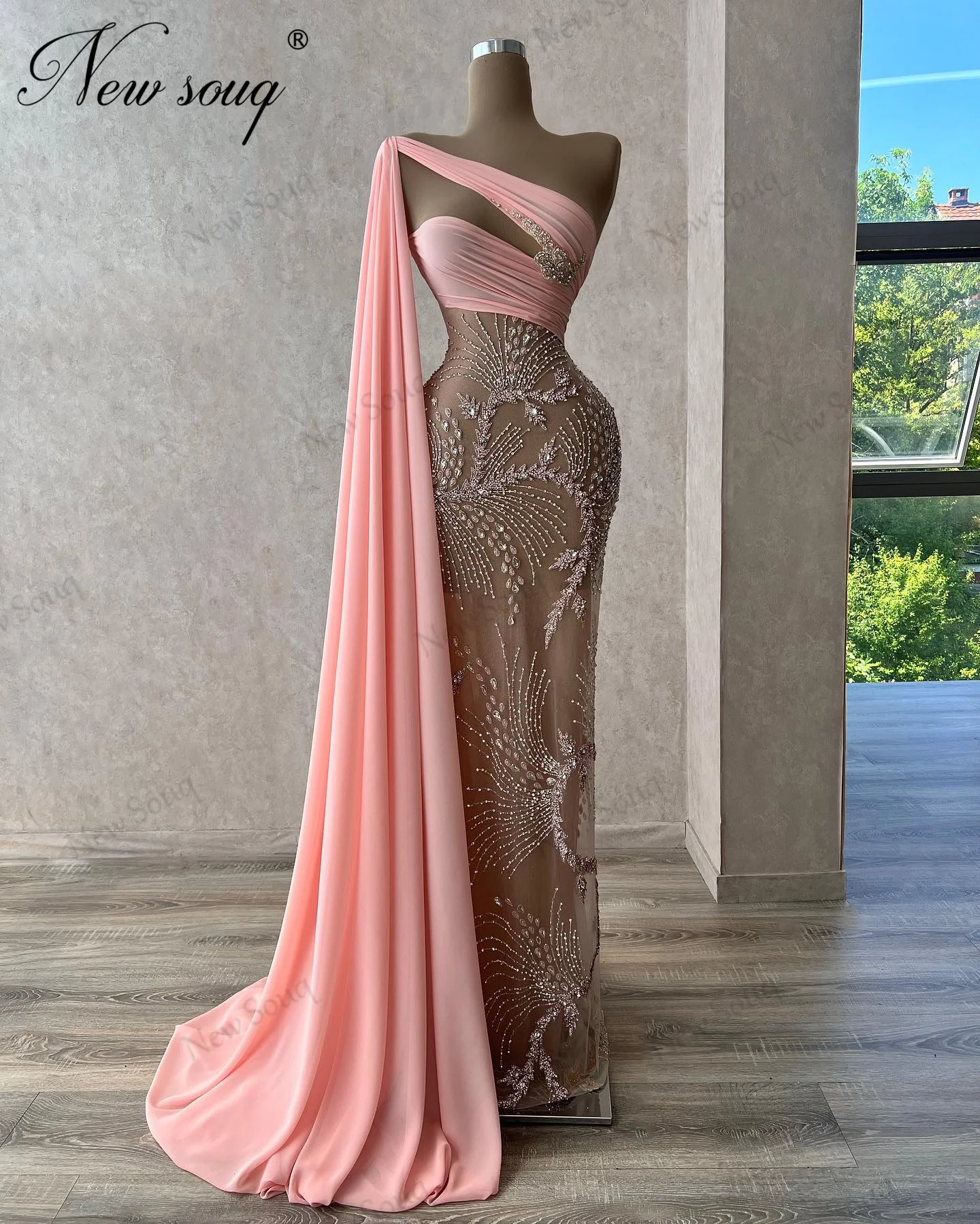 

Шифоновые розовые вечерние платья с длинным рукавом Robe Du Night, элегантное иллюзионное украшенное бисером искусственное украшение для свадебной вечеринки Дубая, наряд