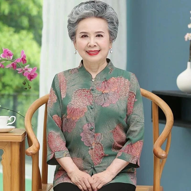 Elderly Grandma Shirts Blouse Tops 3/4 Sleeve Spring Summer 60 To