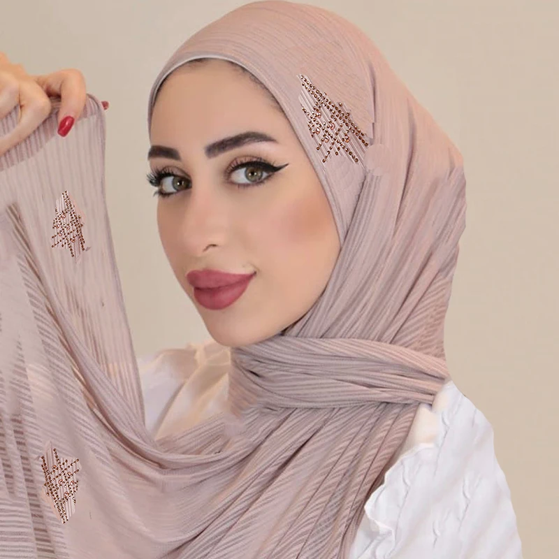 Muslim Crinkle Jersey Hijab Rhinestone Shawls Crepe Ribbed
