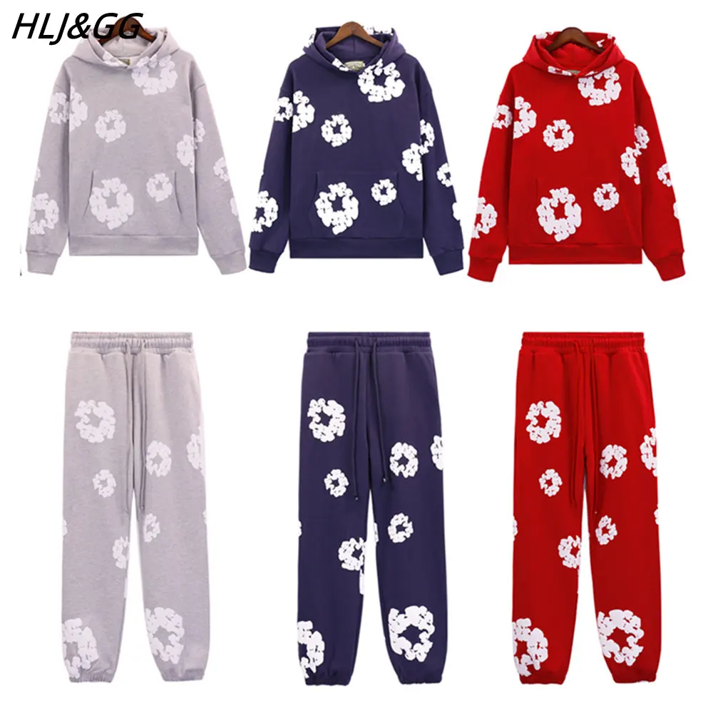HLJ&GG Fashion Street Women Kapok Flower Print Hooded Sweatshirt+Jogger Pants Two Piece Sets Casual Quality Cotton 2pcs Outfits