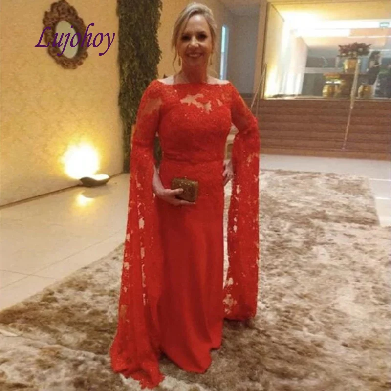 

Elegant Long Sleeve Lace Mother of the Bride Dresses Plus Size for Weddings A Line Red Godmother Groom Dinner Gowns