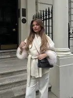 Lace Up Wool Women's Overcoat Turn-Down Collar Solid Plush Cuffs Long Sleeve Female Coats Elegant Cinch Waist Jackets Ladies 5