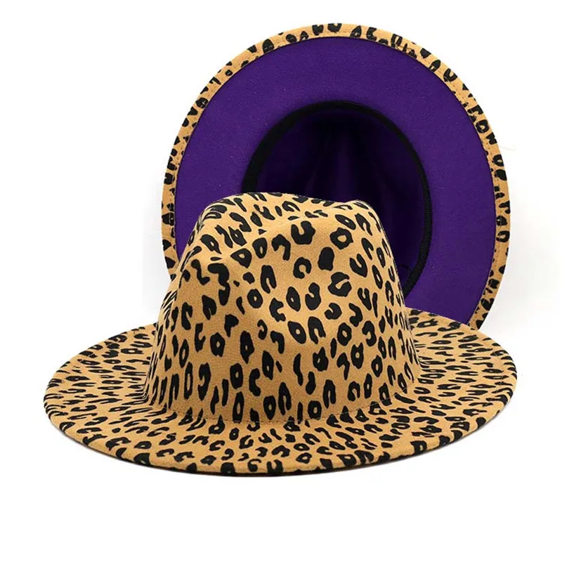 

2022 Fashion New Leopard Print Patchwork Fedora Hat Women Wool Felt Fedora Hats Ladies Wide Brim Party Trilby Cowboy Hat 58CM