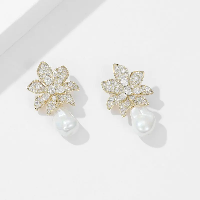 Shining Cubic Zirconia Flower Pearl  Water Drop Earrings for Girls Temperament Fashion Wedding Luxury Brand Jewelry