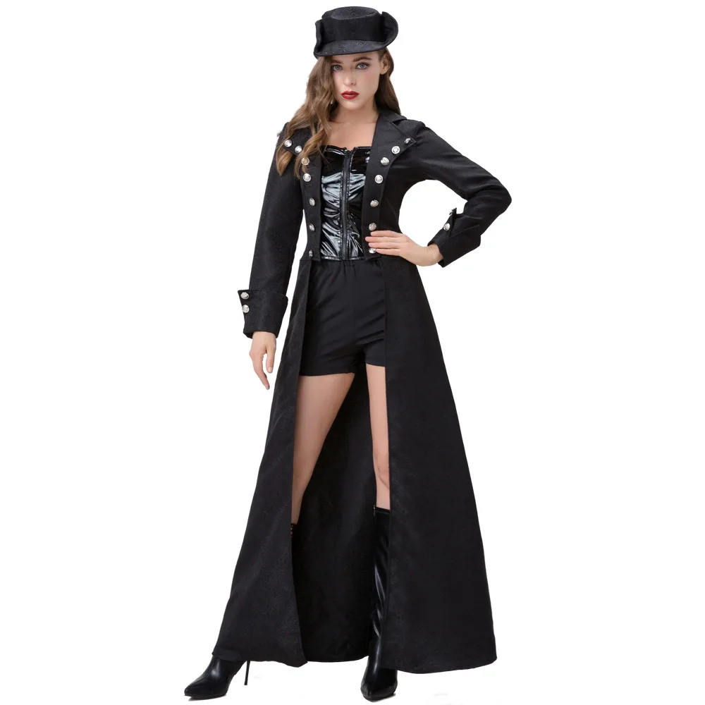 

Halloween Carnival Party Cosplay Costume Women Medieval Steampunk Victorian Gothic Jacket Noble Court Vintage Black Coat