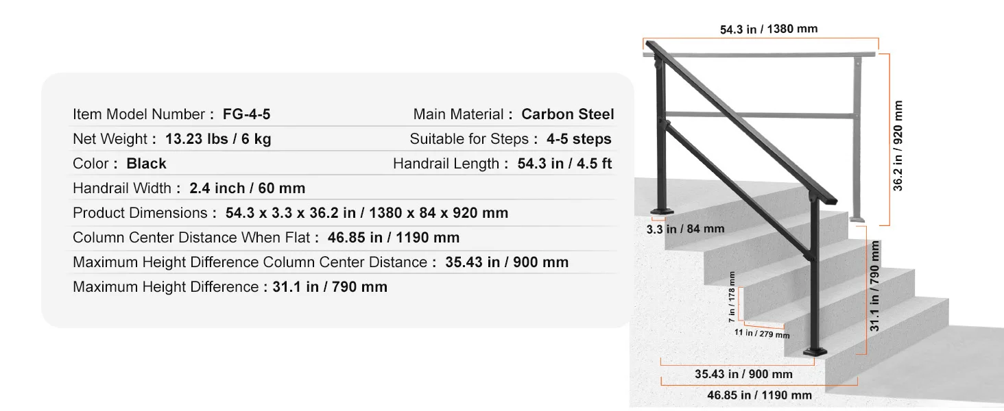 SucceBuy Outdoor Handrails for Steps 4-5step Stair Rail Kit Black Square Tube w/ Horizontal Bar Carbon Steel Support for Seniors
