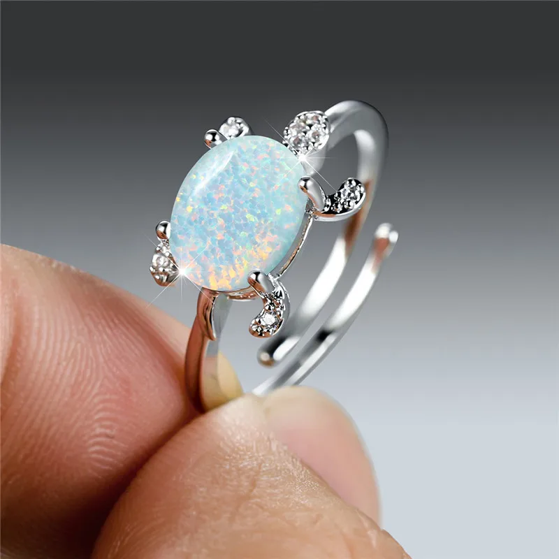 Boho Silver Color Animal Ring Big Oval Stone Sea Turtle Ring Multicolor Birthstone Open Adjustable Rings For Women Ocean Jewelry finger rings fashion rings fashion ring metal rings stone rings bohemian rings