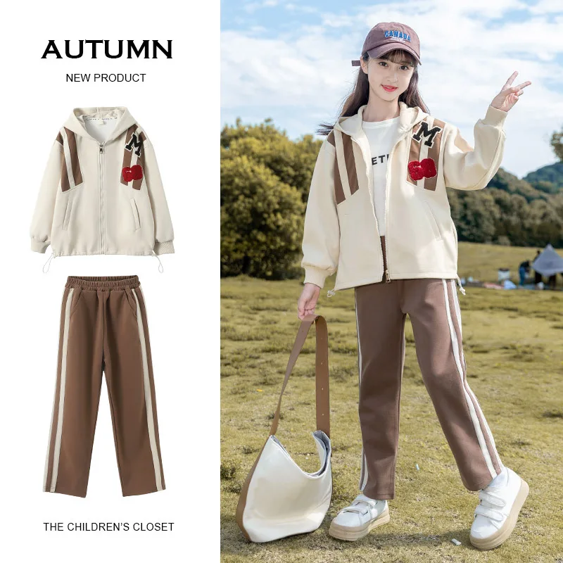

Korean Spring Autumn School Girl Sport Suit Teenager Girl Striped Zipper Sweat Jacket+Straight Sweatpants Set For Girl 4-12Yrs