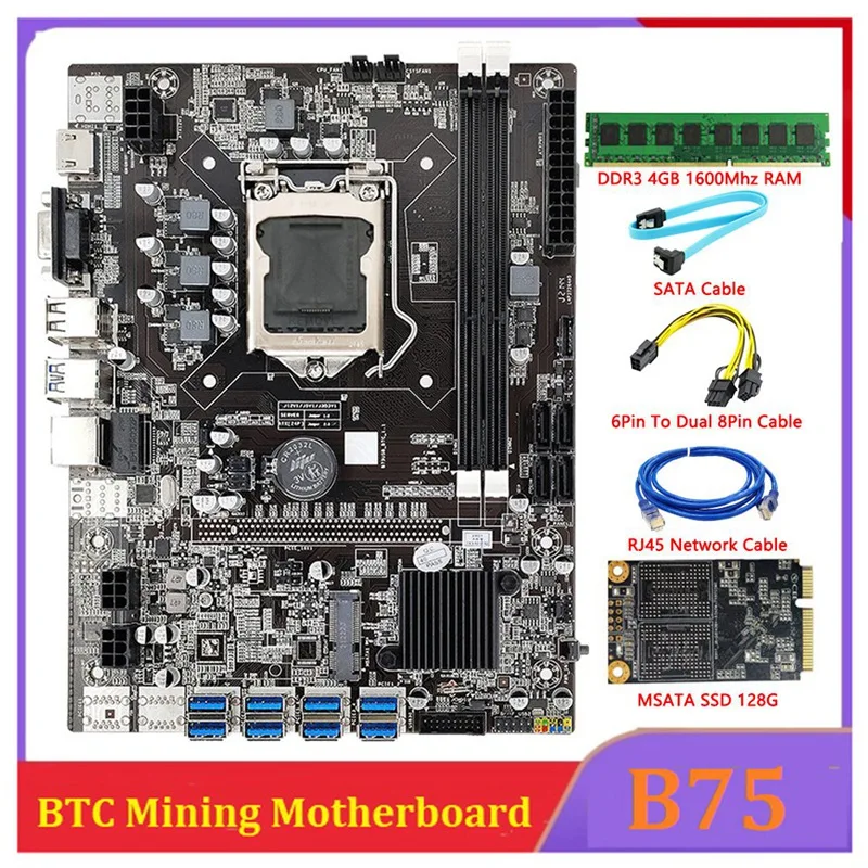 B75 BTC Mining Motherboard LGA1155 8GPU PCIE USB DDR3 4GB 1600Mhz RAM+SATA Cable++MSATA SSD 128G Bitcoin B75 USB Miner best computer motherboard