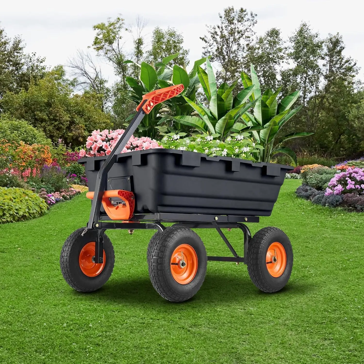 800 Pfund Garten-Müllwagen, robuster Hofwagen, 4-Rad-Schubkarre mit 180 ° Schnellspannsystem mit drehbarem Griff und Stahlrahmen – Detail 8