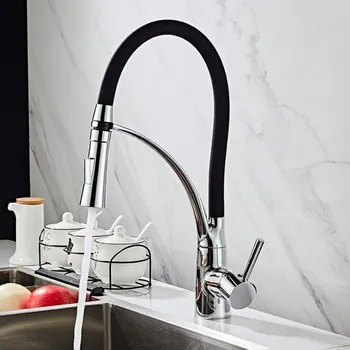 Pull-out Kitchen Faucet With Flexible Silicone Nozzle, Single Handle, Pull-Down Brass Gooseneck And Modern High-Curve Design.