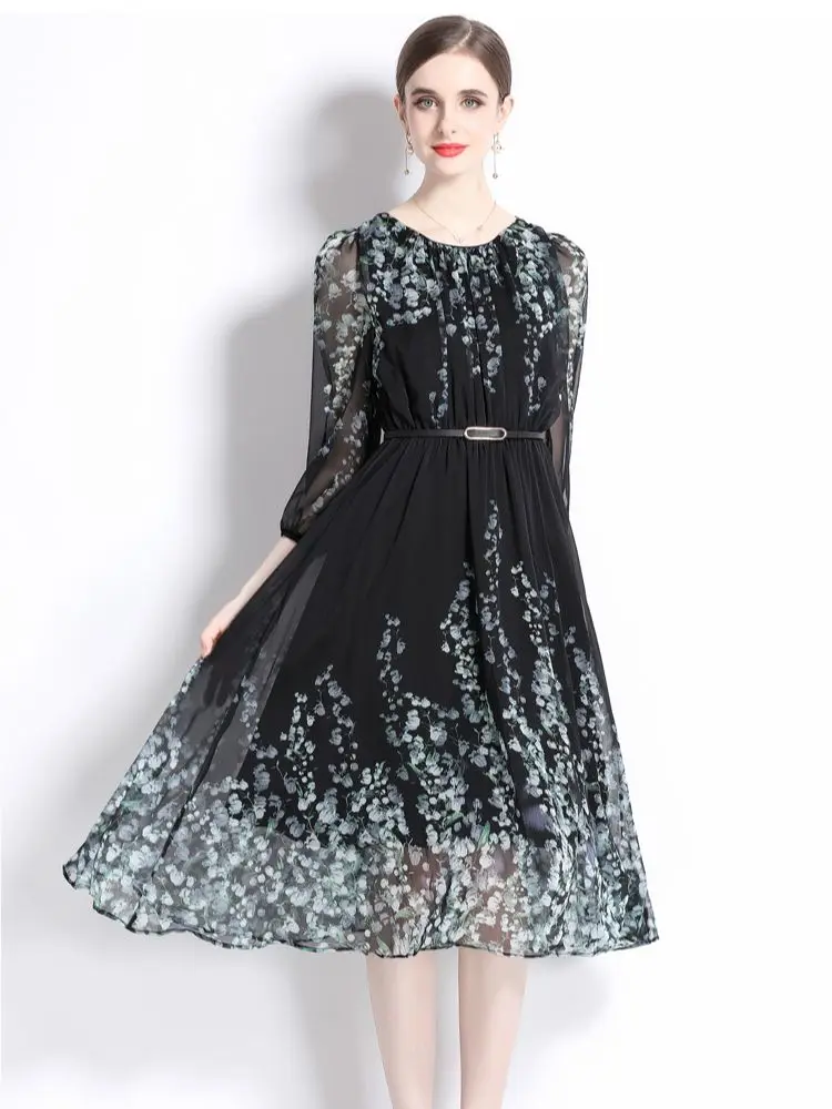 

French Vintage Simulated Silk Positioning Printed Chiffon Midi Dress for Women Casual O-neck Wrist Sleeeve Print Belt Long Dress