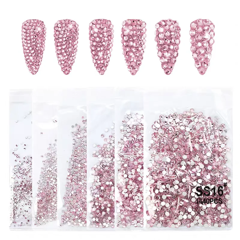 1440개의 평평한 바닥의 작은 원형 슈퍼 반짝이는 유리 라인스톤, 핑크색 네일 장식, 다양한 크기