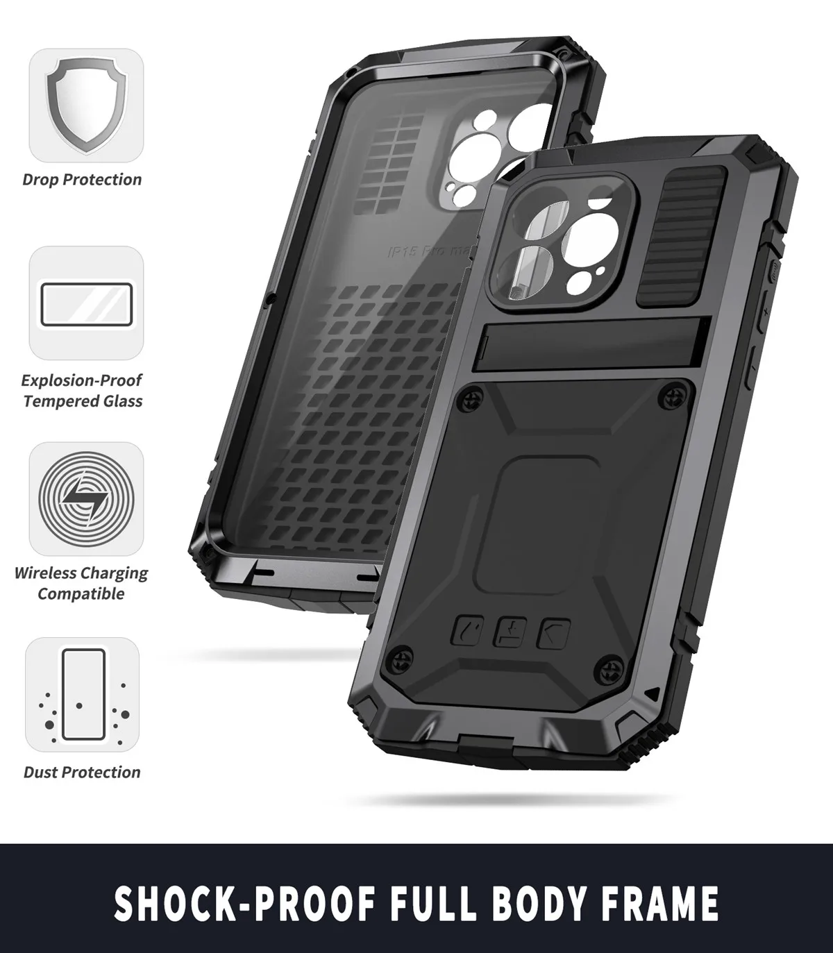 Rugged Heavy Shock Proof Case For iPhone 15 Pro Max 14 Plus 13 12 11 Hybrid Matel+Silicone Tempered Glass Screen Lens Protection