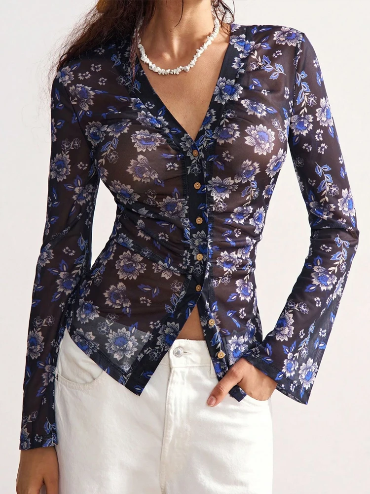 Spring and Summer New Printed Women's Lapel Cardigan Long-sleeved Shirt Fashionable Slim-fit Retro Button Commuter Casual Blouse