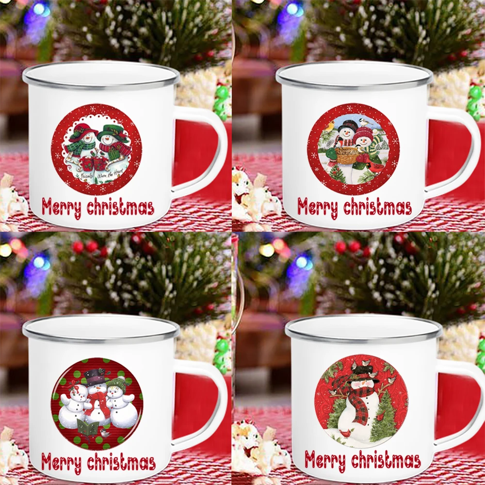 

Snowman Print Coffee Mug White Enamel Mugs Kids Breakfast Milk Juice Handles Cups Merry Christmas Party Decoration New Year Gift