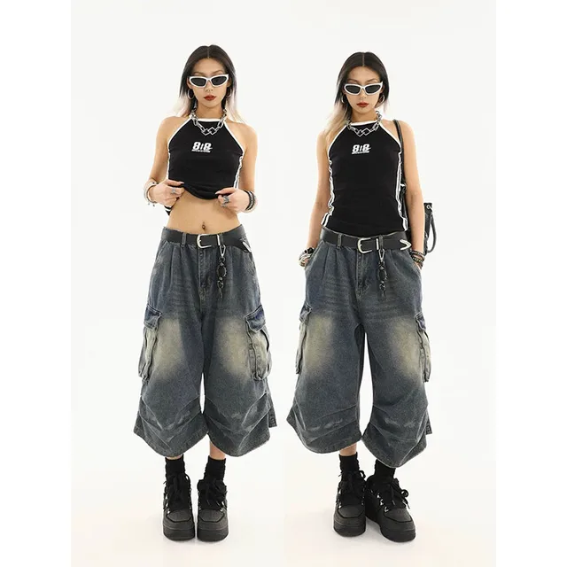 Short en Denim délavé pour femmes, vêtements de travail Vintage de Style américain, avec plusieurs poches, Design plissé, drapé ample, pantalon de sept pieds 3