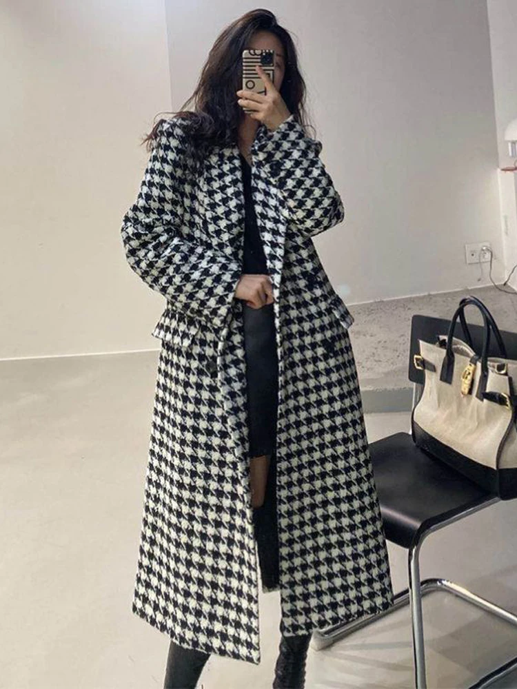 

Houndstooth Coat Women Vintage Long Overcoat Ladies Autumn Winter Thick Warm Jacket Female Korean Fashion Wool Blend Coats