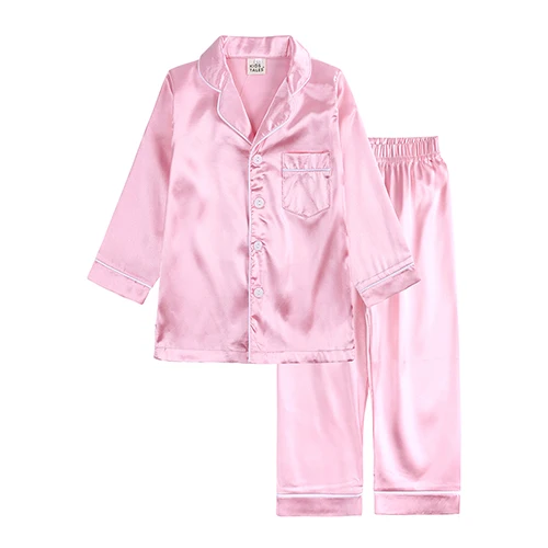 cool baby nightgown Kid Unisex Pajamas Set Girls Boys Silk Satin Nightwear Set Todder Long Sleeve 2Piece Clasic Button-Down Sleepwear for 1-13Years angel baby sleepwear Sleepwear & Robes