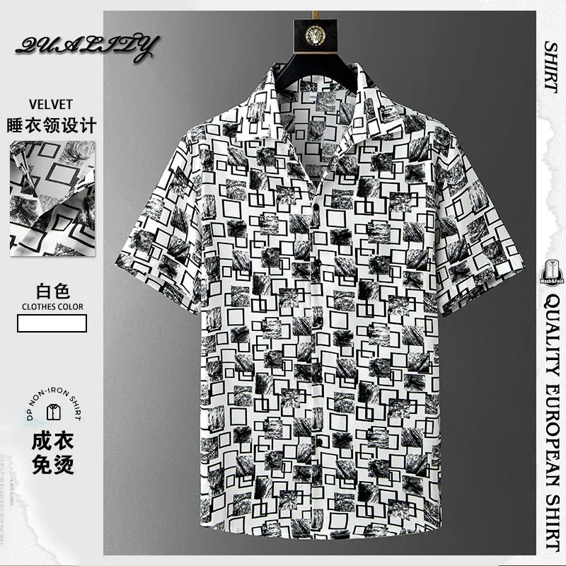 

2024 summer new Summer short sleeve shirt Men's slim contrast color printed men's shirt personality trend casual tibrea