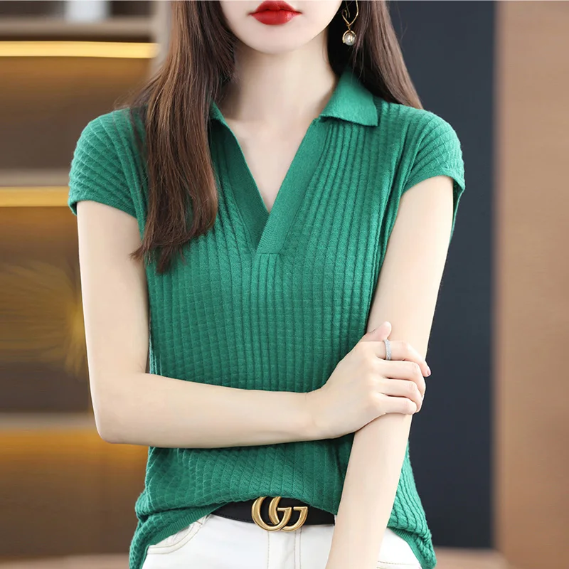 

2023 Spring and Autumn Women's Cashmere Sweater Women's POLO T-shirt Pullover Short Sleeve Cashmere Short Sleeve Knitted Top