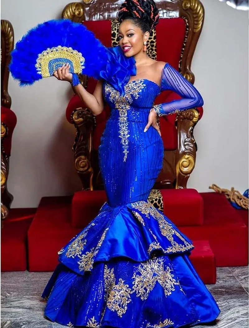 

Ankara Royal Blue Evening Dresses Long Sleeves Owanbe Style Mermaid Prom Gowns Sequin Applique Wedding Second Reception Dress
