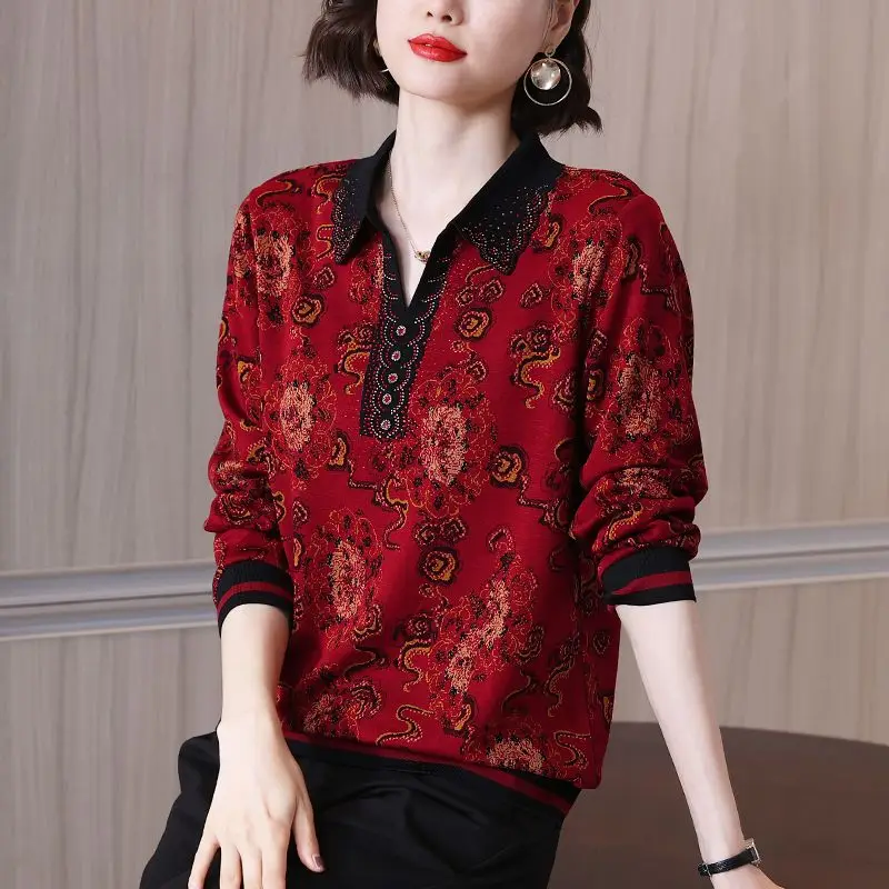 Commute Turn-down Collar Blouse Fashion Diamonds Button Spring Autumn Long Sleeve Women's Clothing Vintage Printed Loose Shirt