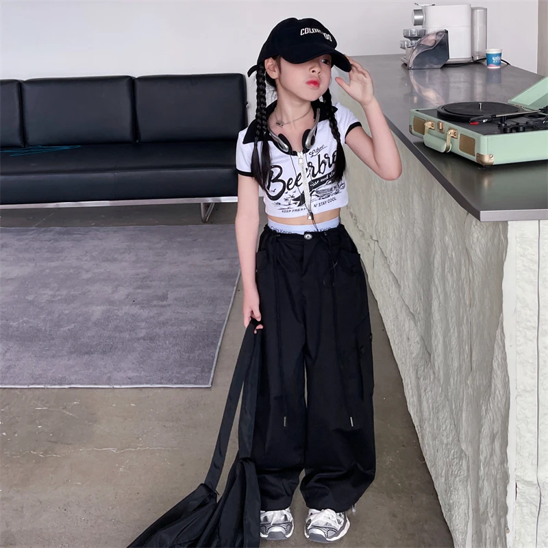 

Youth Fashion Letter Printed Zipper T-Shirt Short Sleeved Summer Girls' Sports Baseball Suit Loose Wide Leg Workwear Pants 4-14T