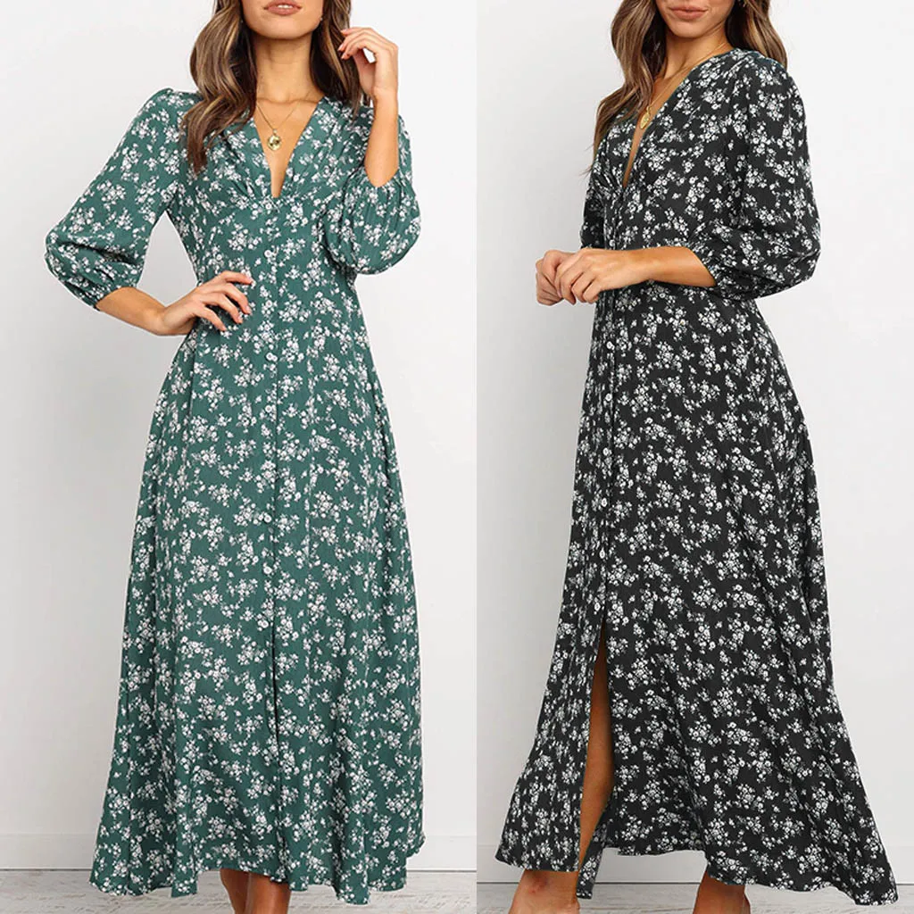 

Lantern Sleeve Dress Women 2023 Summer V-Neck Three Quarter Sleeve Floral Print Open Fork Hem Long Dresses Korean Style Clothes