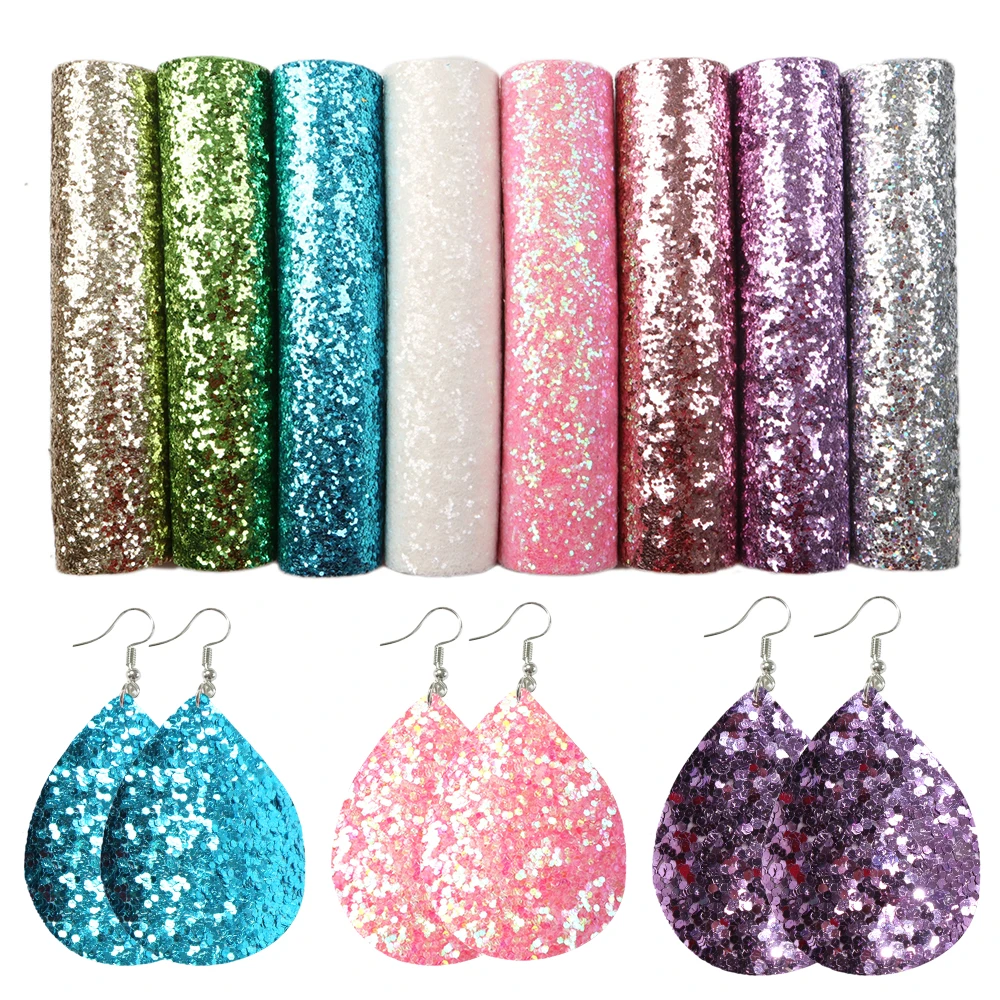 Leather Fabric Vinyl Sewing Fabric Vinyl Fabric 8pcs A5 Solid Color Chunky Glitter Faux Synthetic Leather Leatherette Vinyl Sheets Fabric Set DIY Earrings Bows Projects 15x21cm