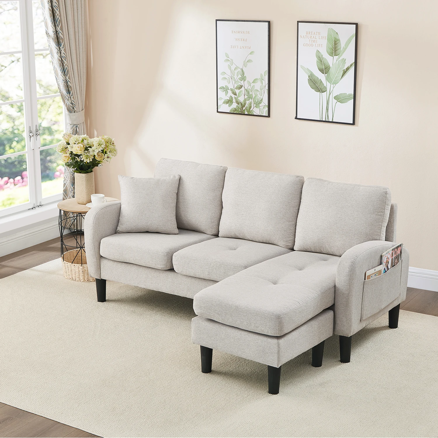 KOMHTOM L Formiges Ecksofa Mit Chaiselongue 3 Sitzer Sofa Atmungsaktiver Baumwoll Leinenstoff Kunststoffbeine Modulares Design – Detail 12