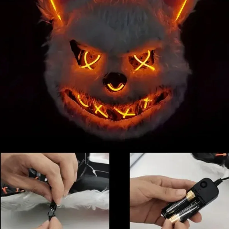 3 leuchtende Modi Plüsch Tier maske, Unisex Halloween Nacht leuchten Horror Hase oder Bär Maske Party lustige Cosplay Requisiten – Detail 3