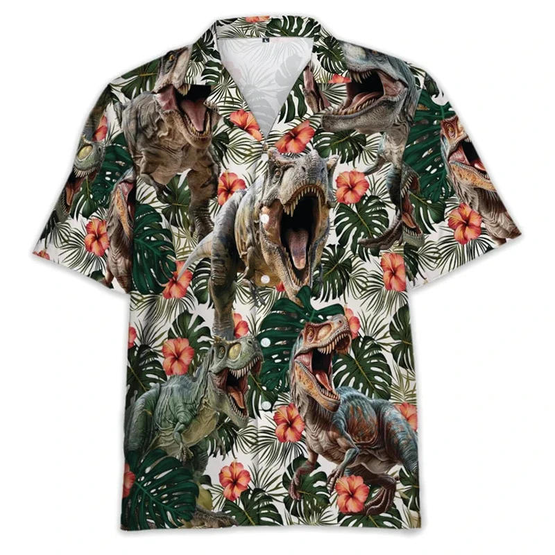 thumbnail image 1 of Camisa hawaiana con estampado de dinosaurio y gato para hombre, divertidas camisas hawaianas con estampado 3D de animales, blusas de moda con solapa, blusas para niños, mangas cortas, 1 of 5