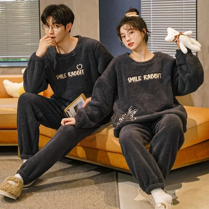 Men's and Women's Pajamas Thickened Coral Fleece Pullover  Warm Winter Plush Sleepwear Men's Home Clothes In Autumn & Winter