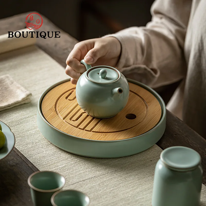 

Azure Porcelain Water Storage Dry Brewing Table New Ru Kiln Bamboo Cover Pot Bearing Small Tea Tray Chinese Kung Fu Tea Ceremony