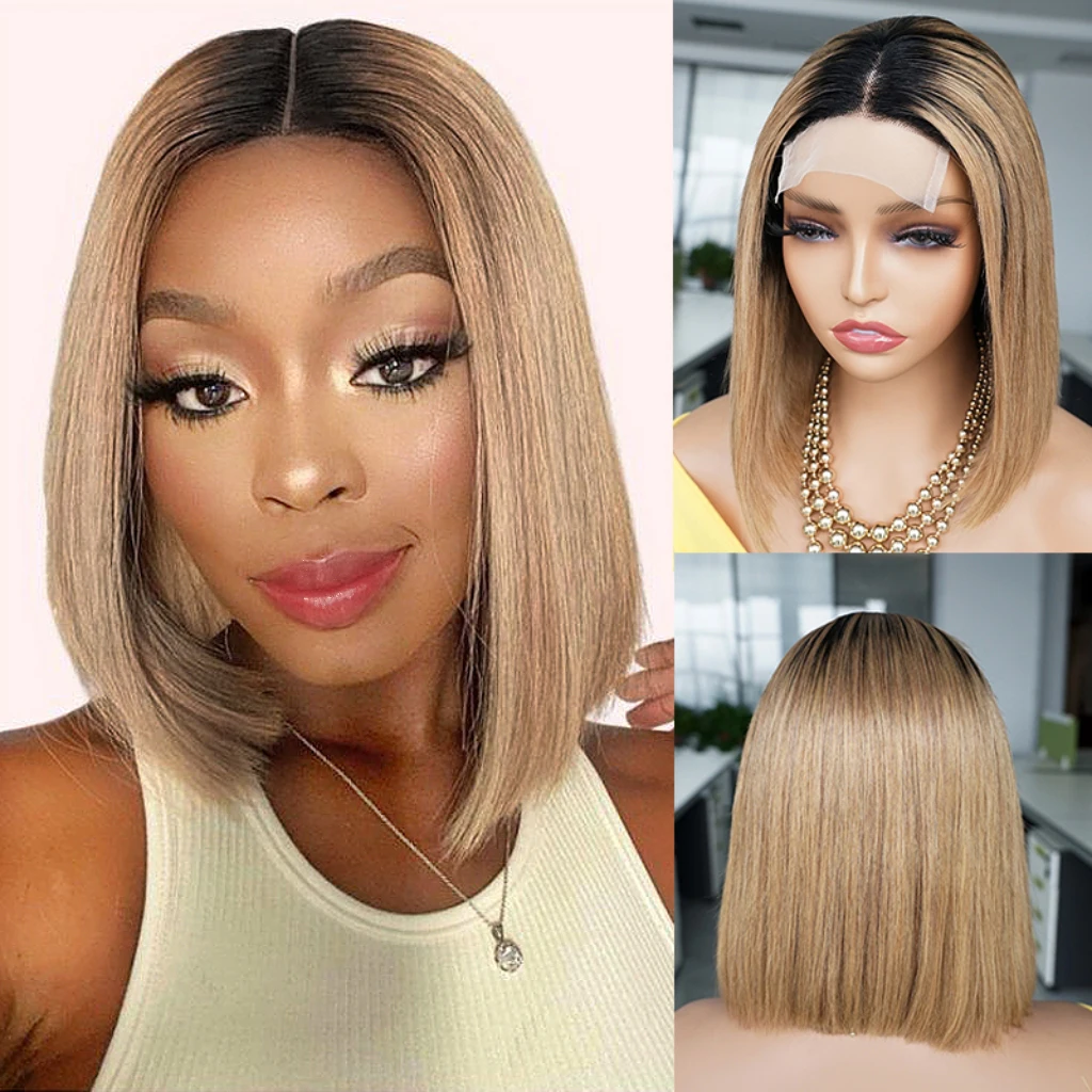 

Bob Wig 1B 27 Glueless Lace Front Wig Ombre Blonde Ginger Human Hair Wigs for Women Middle Part 4x1 T Transparent Lace Bobbi