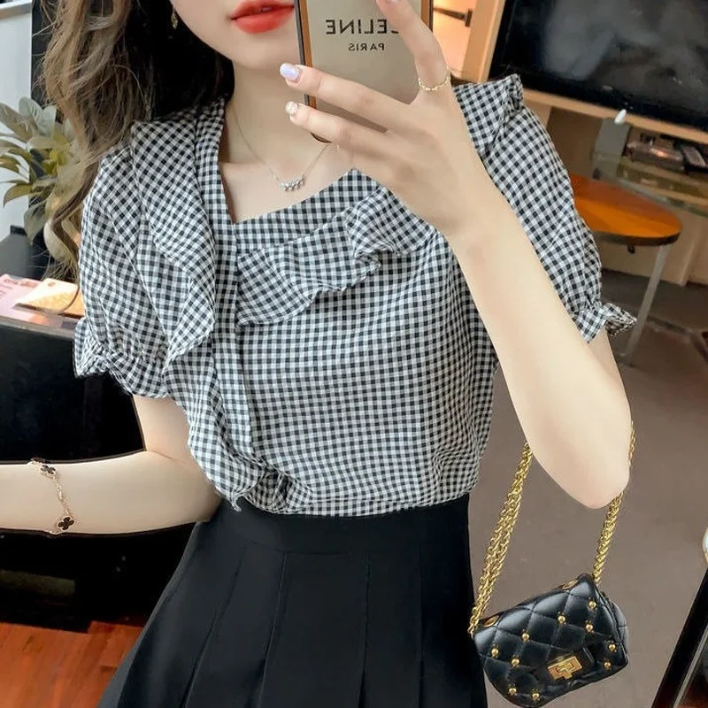 Women's Buttoned Shirts Chiffon Youth Vintage Cute Women's Plaid