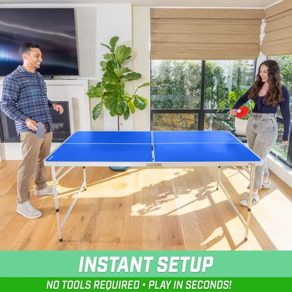 Table Tennis Table 6 X 3 Ft Mid-Size Set with Adjustable Height Bring Two Rackets and Four Balls Foldable Ping Pong Table