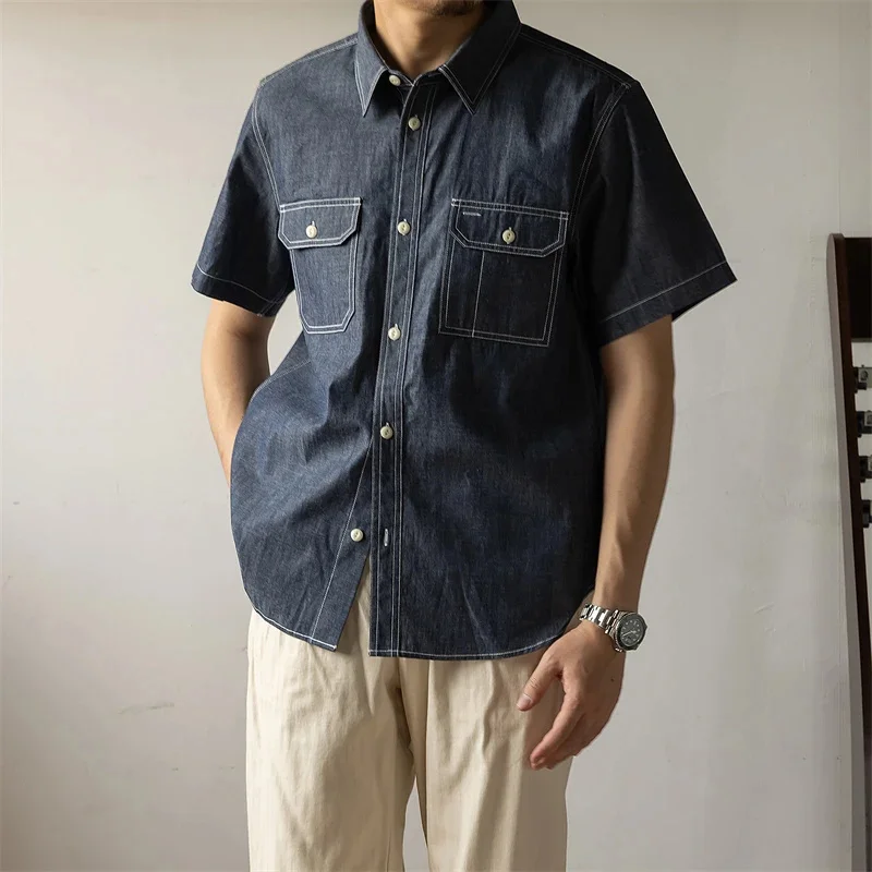 

Red Tornado Men's Short Sleeve Denim Work Shirt Retro Button-Down Wear Blue