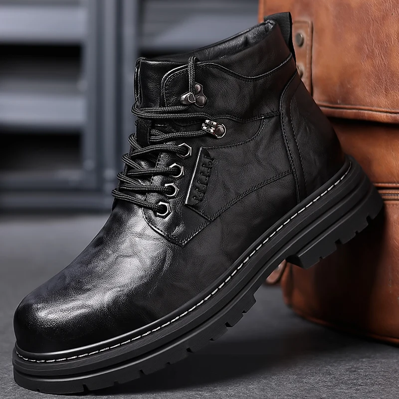 Autumn Winter New Men's Genuine Leather Boots High Top Work Suit Boots Cool Knight Motorcycle Boots Men's Business Short Boots