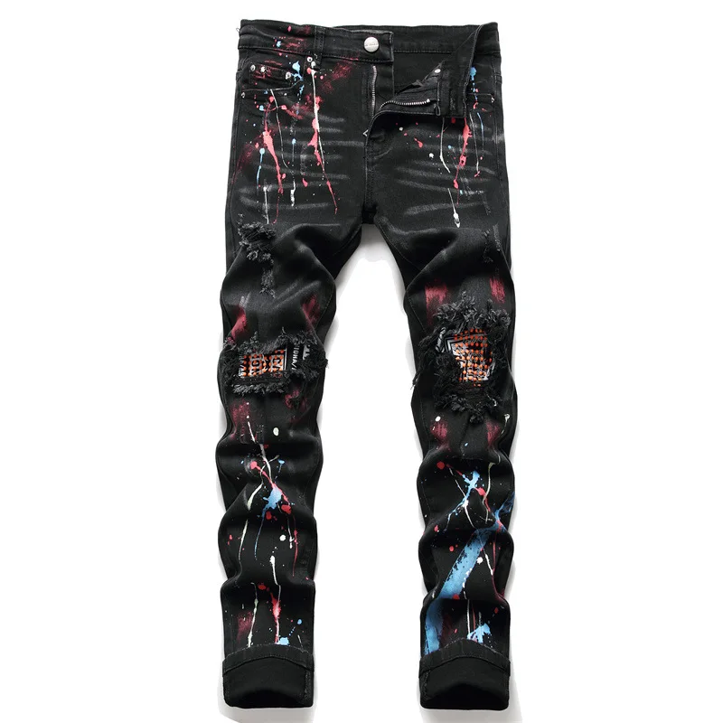 

2022 Spring Autumn Men's Jeans Ripped Spray-Painted Black Stretch Pants Hot Drill High Street Casual Pants Hip-hop Clothing