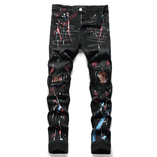 Pantalones vaqueros para hombre, Jeans elásticos negros pintados con espray, informales de calle alta, ropa de Hip hop, primavera y otoño de 2022|Pantalones vaqueros| - AliExpress