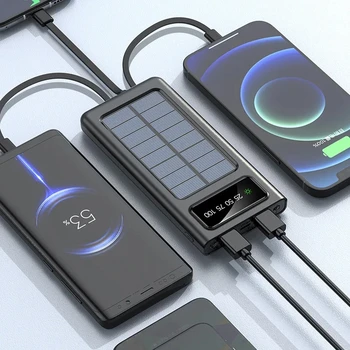 Lenovo 200000mAh Solar Power Bank Built Cables Solar Charger 2 USB Ports External with LED Light Super Fast Charger Power Bank 5