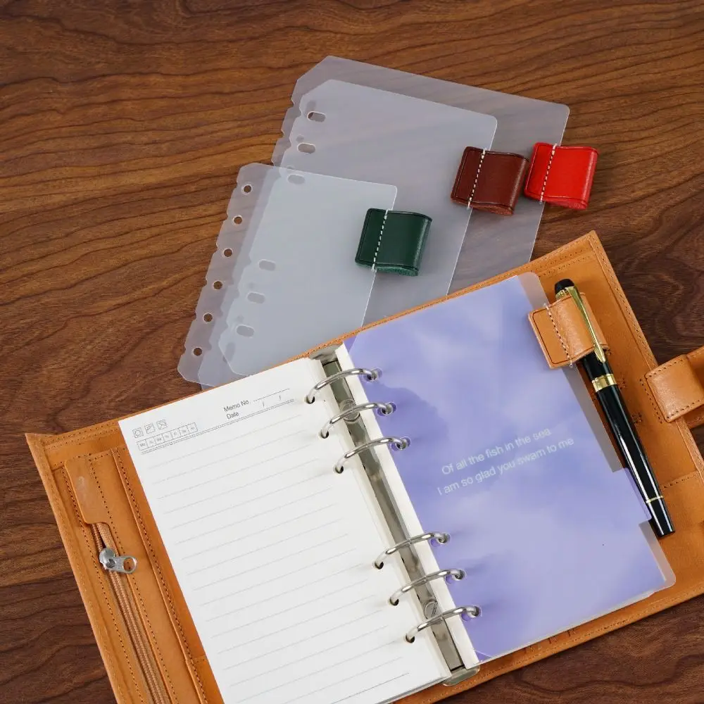 

Transparent Index Dividers with Leather Pen Clip PP European Style Divider with Cowhide Pen Holder Frosted Universal