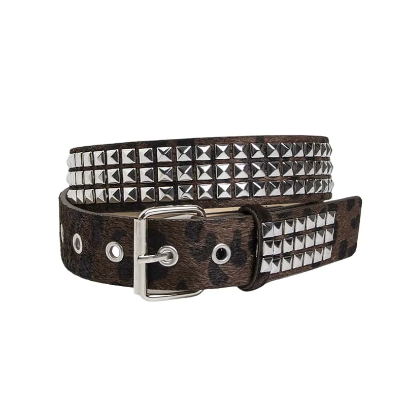 Edgy Pink Fur Rivet Belt with Brown Pin Buckle